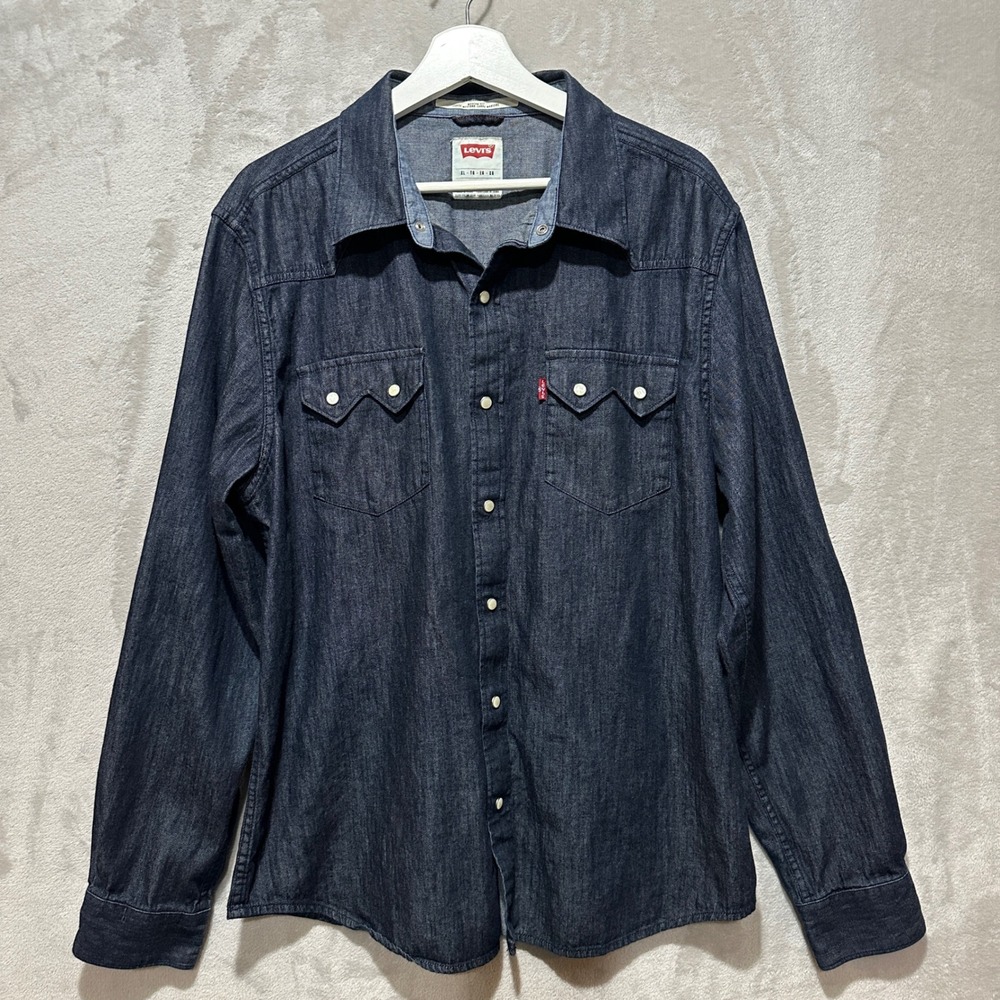 Levis XL Modern Fit Western Denim Shirt Long Sleeve Dark Blue Pearl Snap